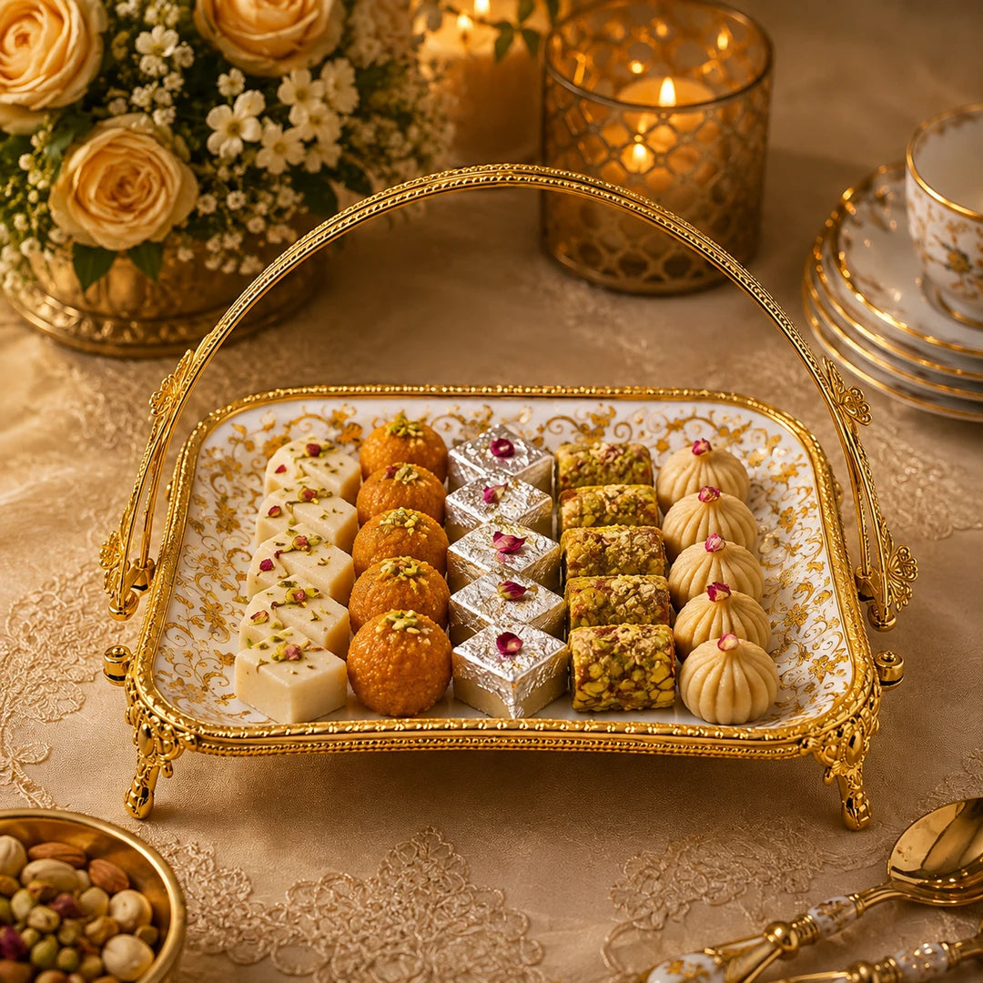 Brilliant Porcelain Rectangular Serving Dish | Golden Flower | 13 Inch