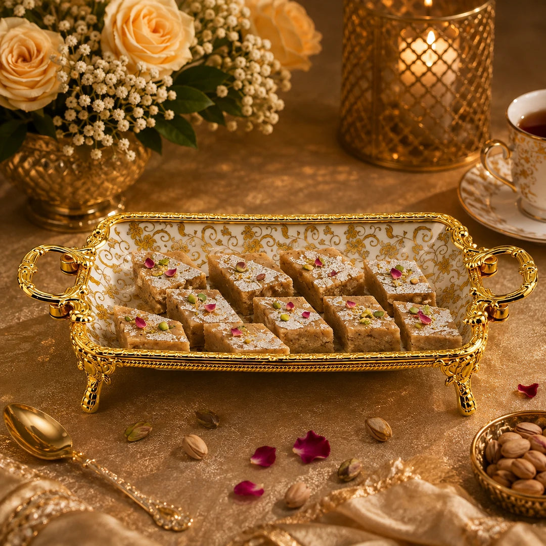 Brilliant Porcelain Rectangular Serving Dish | Golden Flower | 12 Inch