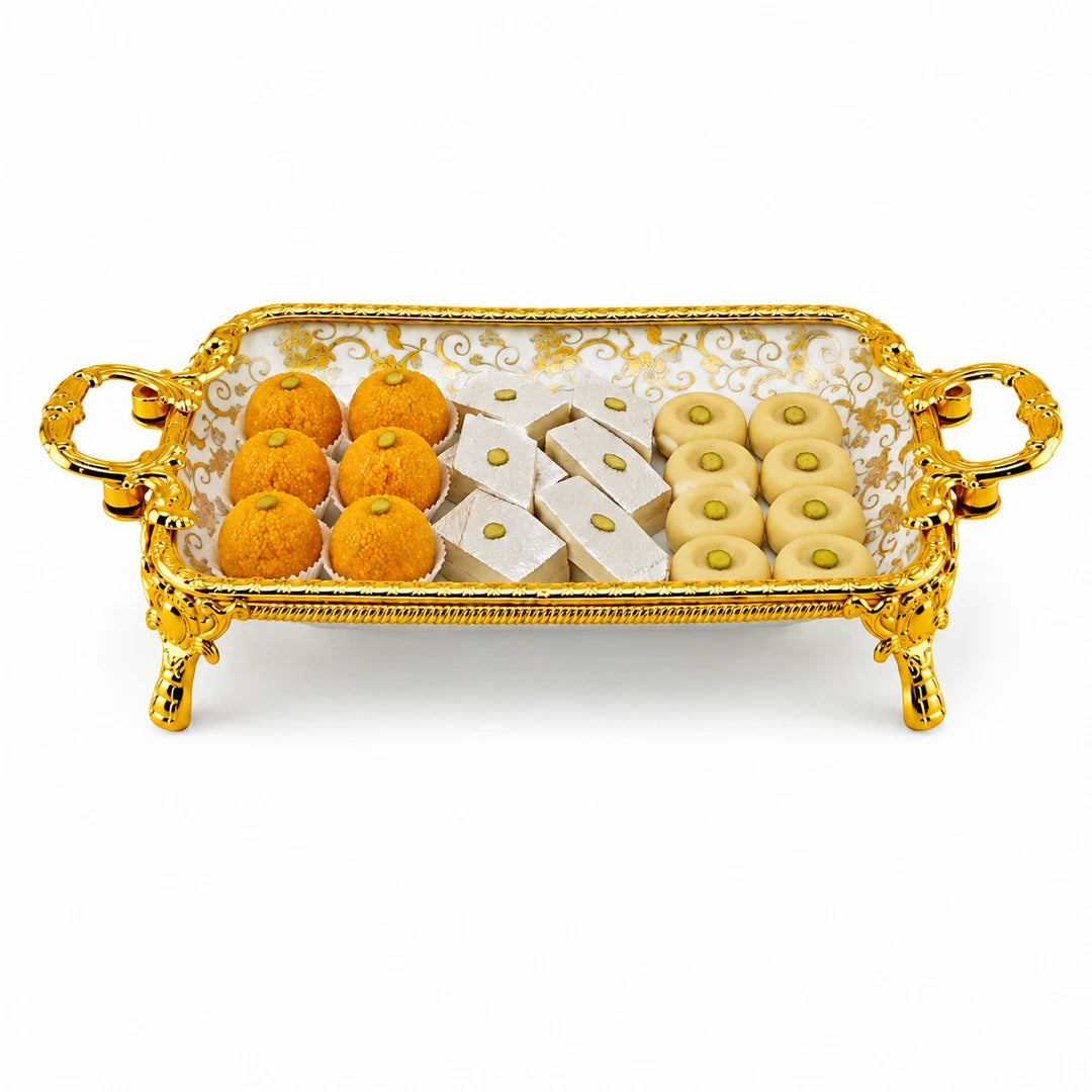 Brilliant Porcelain Rectangular Serving Dish | Golden Flower | 12 Inch