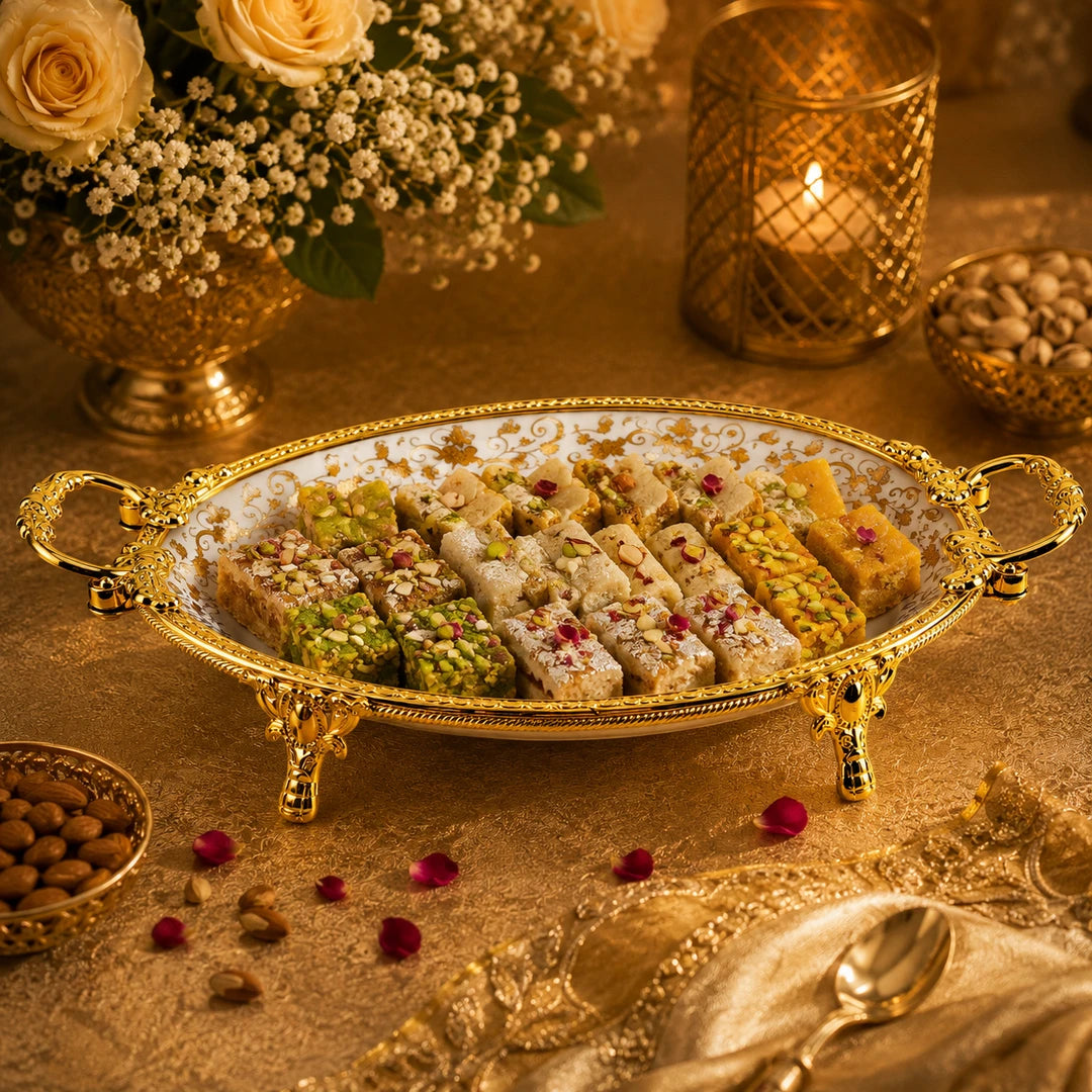 Brilliant Porcelain Oval Serving Dish | Golden Flower | 14 Inch
