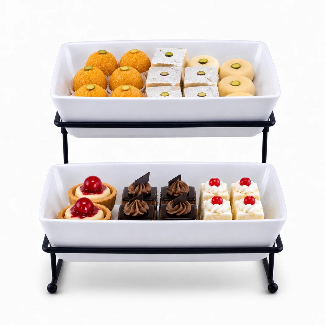 Brilliant Porcelain Deep Dessert Platter With Black Stand | 2-Tier