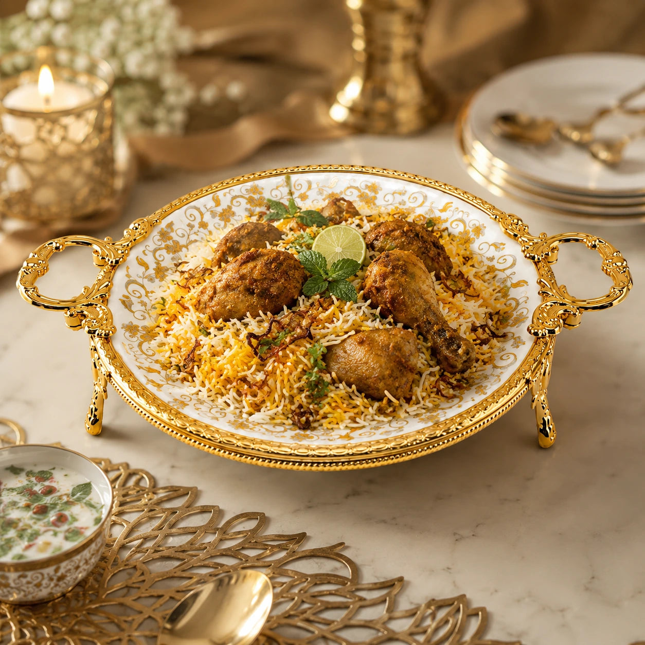 Brilliant Porcelain Round Serving Dish | Golden Flower Design | 12.5 Inch