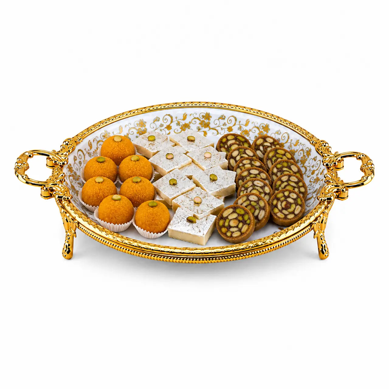 Brilliant Porcelain Round Serving Dish | Golden Flower Design | 12.5 Inch