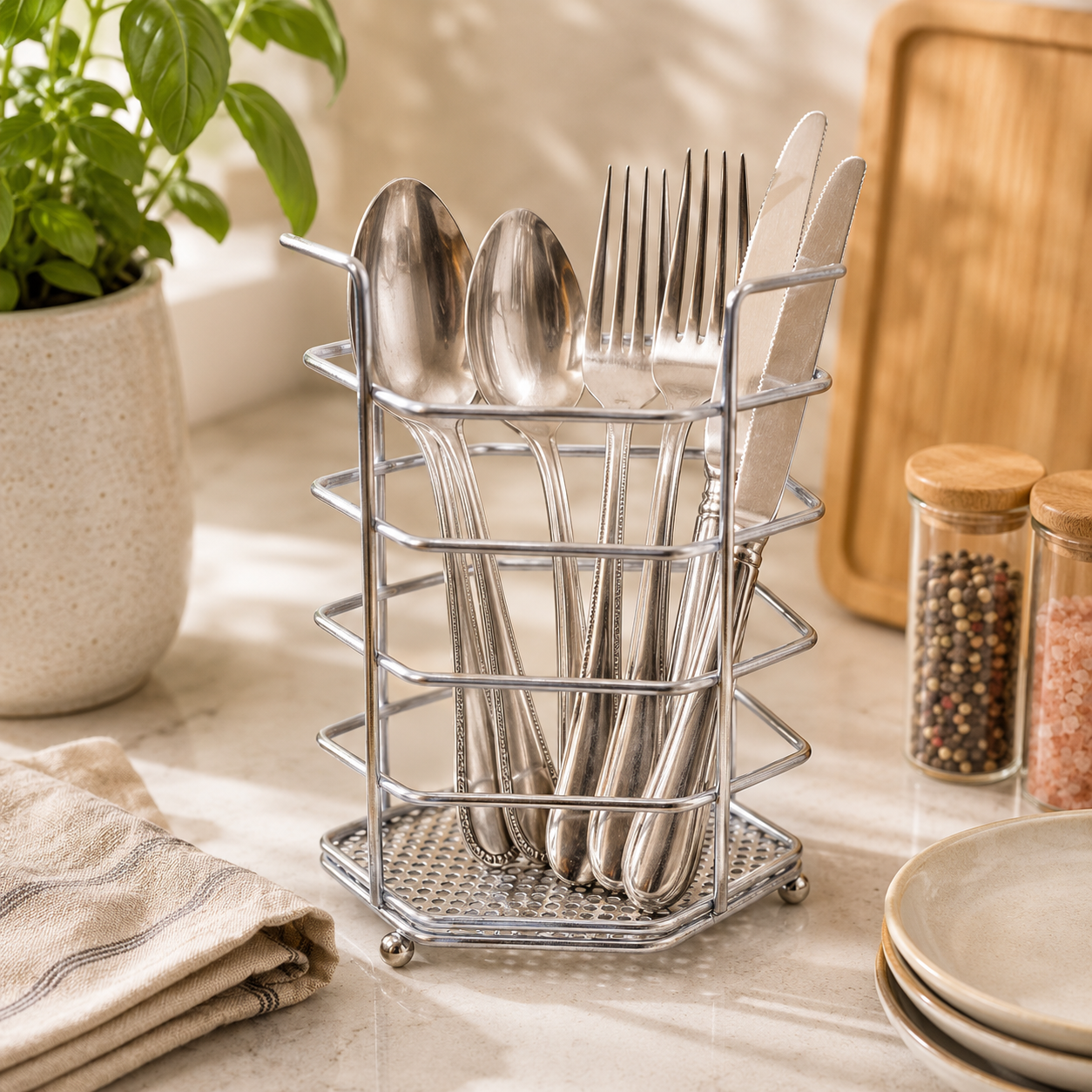 A.T Hexagonal Stainless Steel Kitchen Cutlery Holder