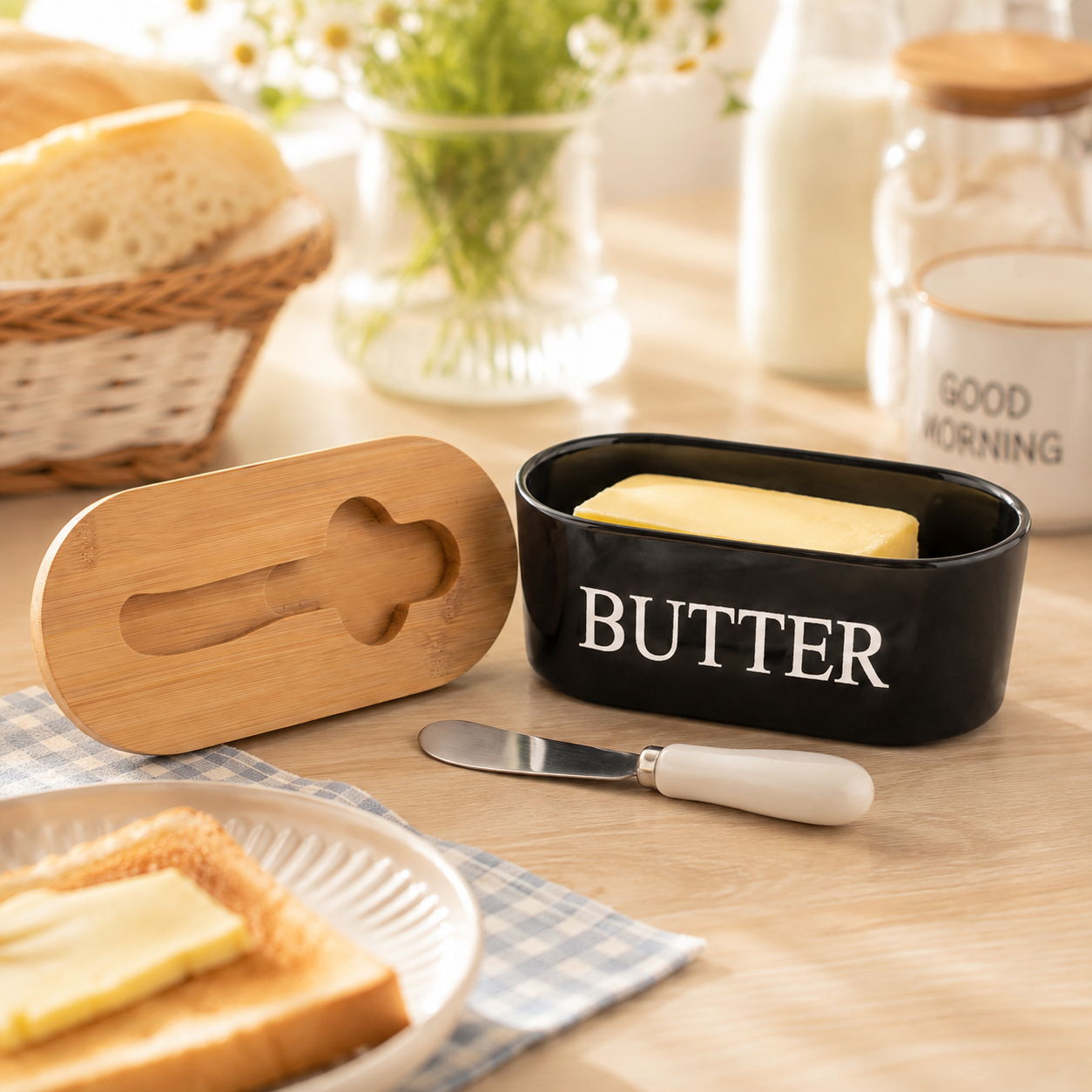 Lotus Ceramic Oval Butter Dish With Knife