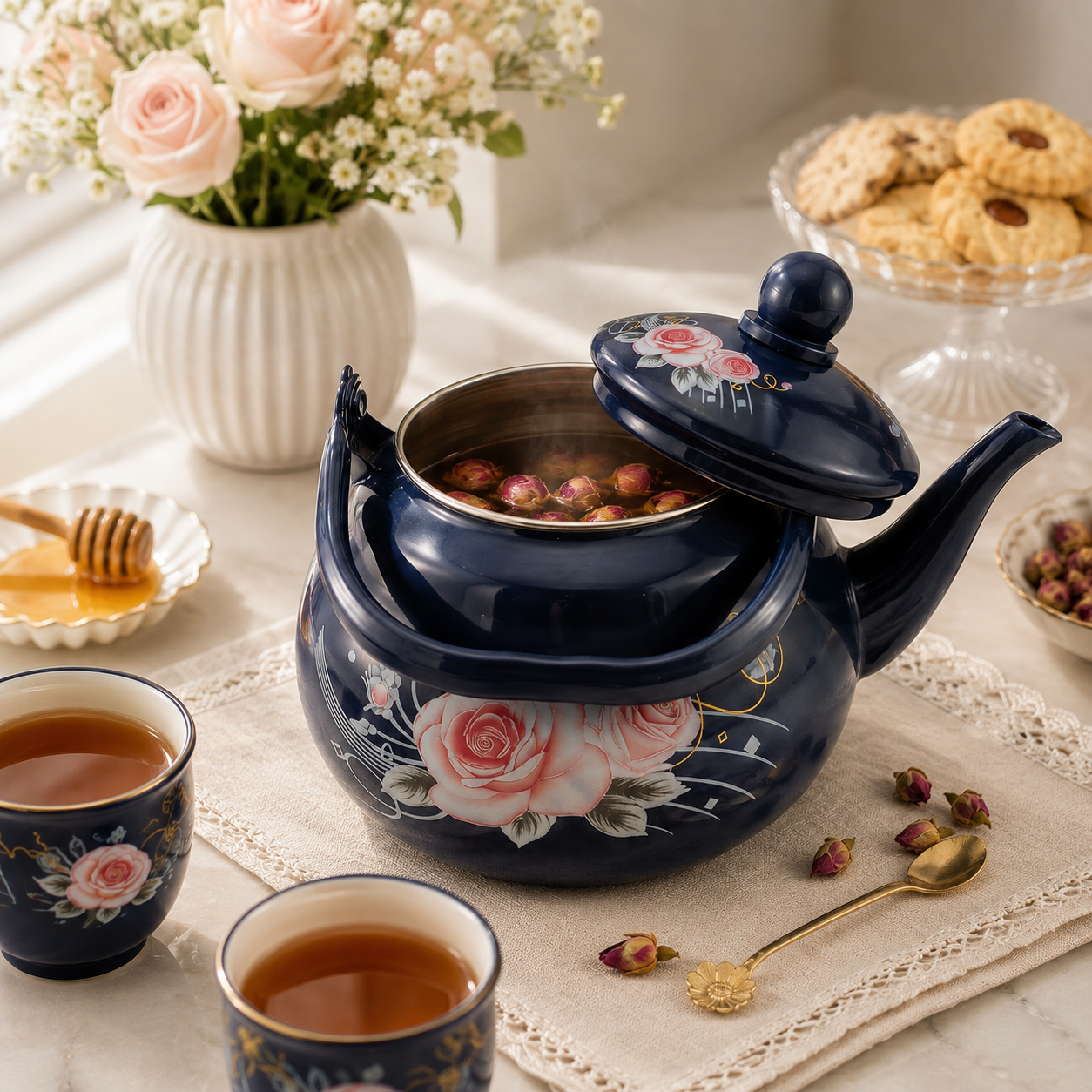 Enamel 2-Liter Blue Rose Tea Pot