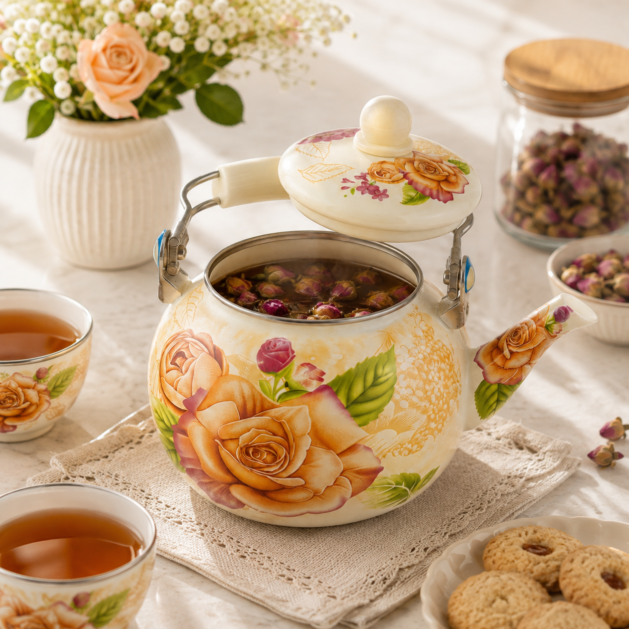 Enamel 2.5-Liter Cream Rose Tea Pot