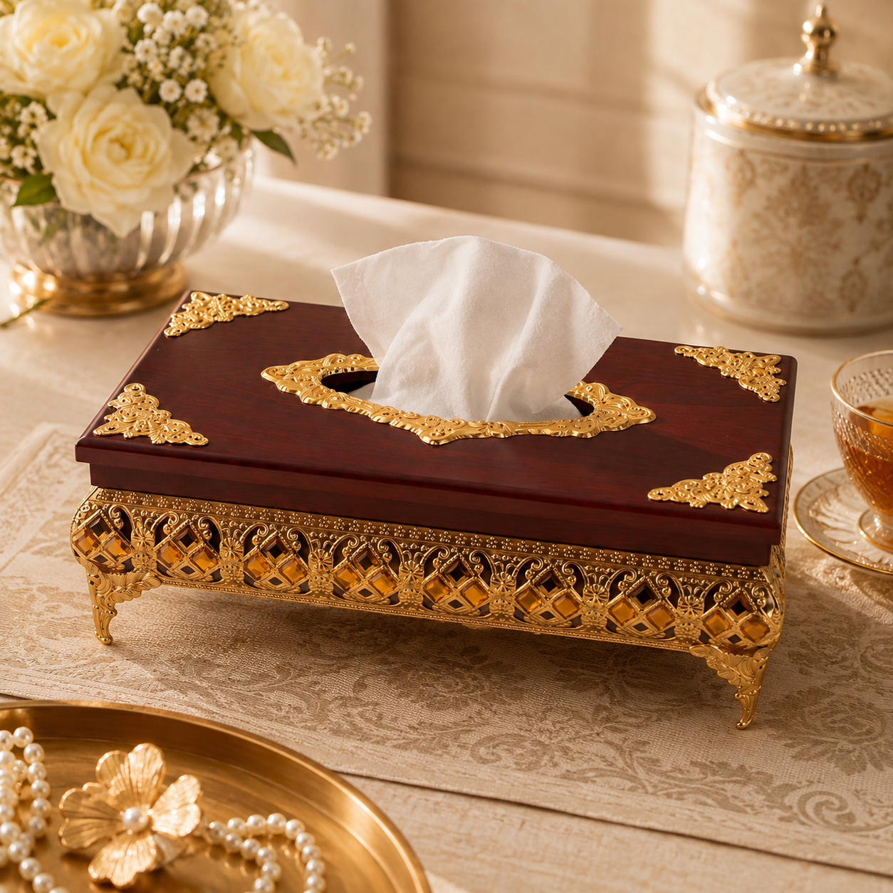 Fancy Luxury Wooden & Gold Tissue Box Holder