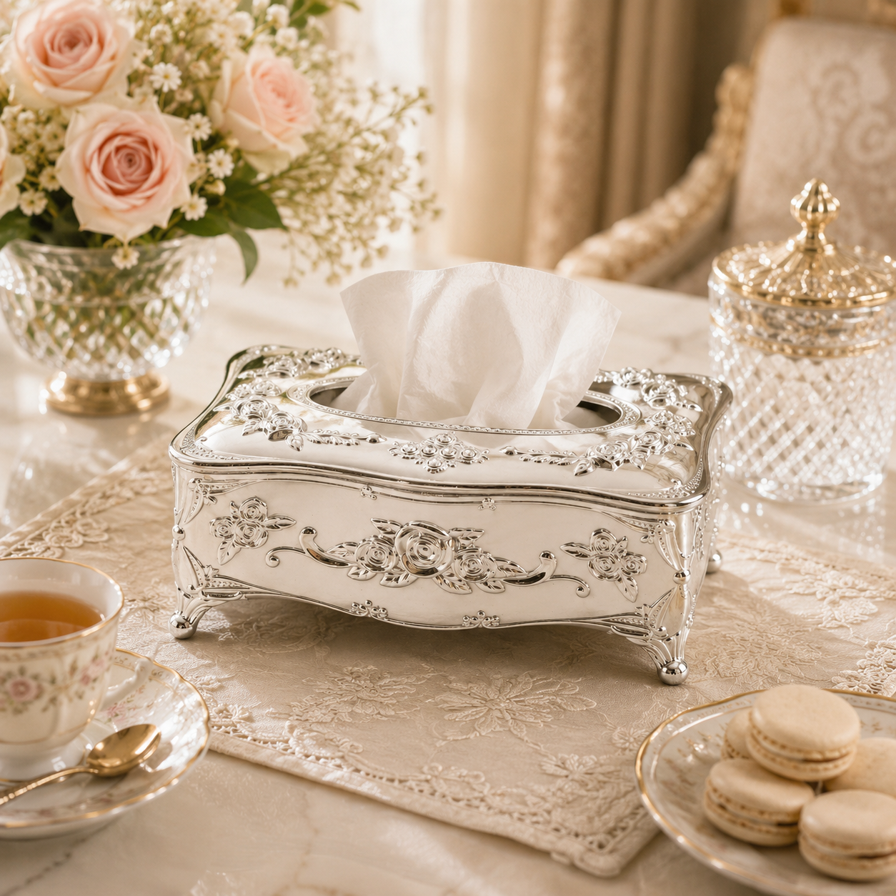 Fancy Silver Floral Decorative Tissue Box Holder