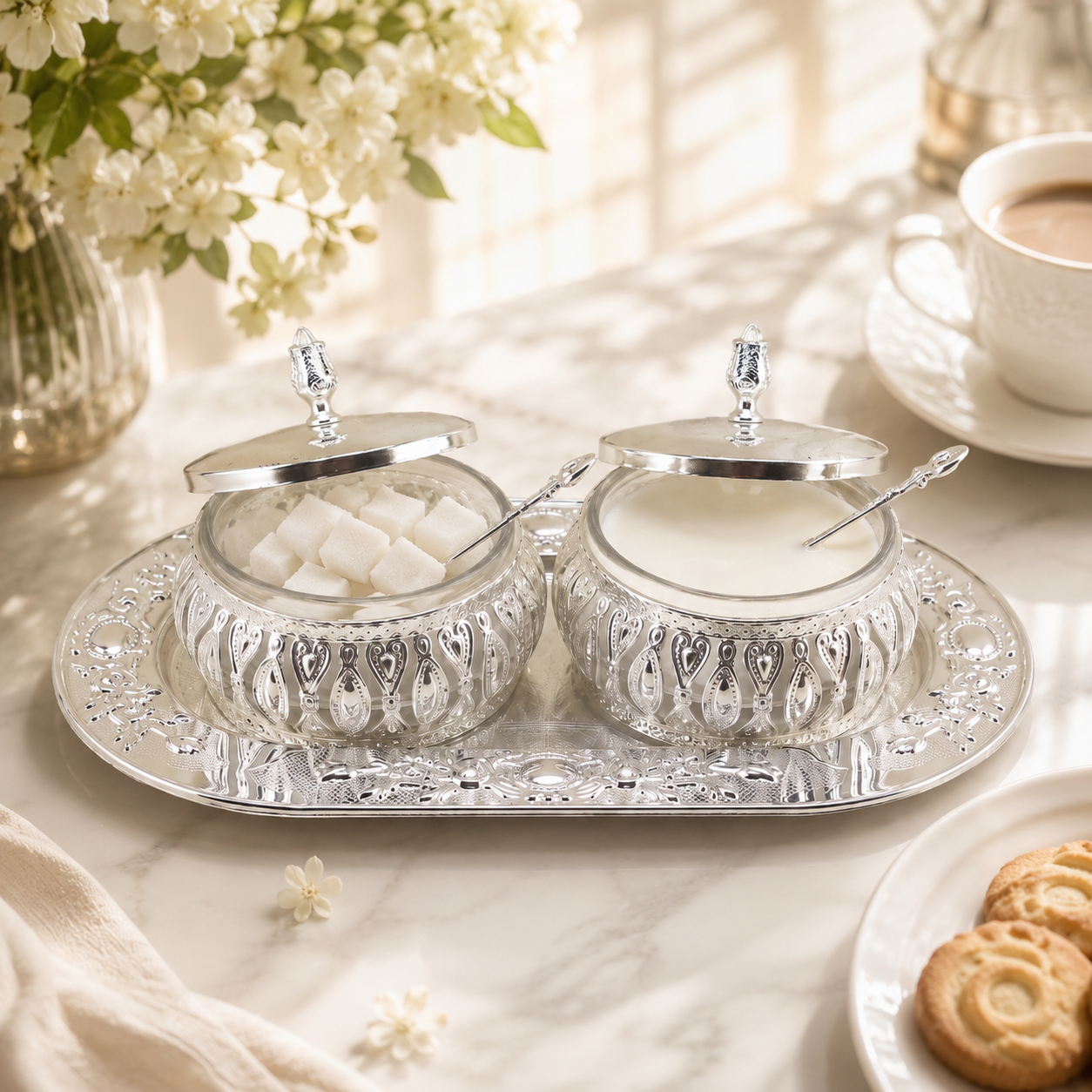 Fancy Metal Milk and Sugar Pot On A Stand Set