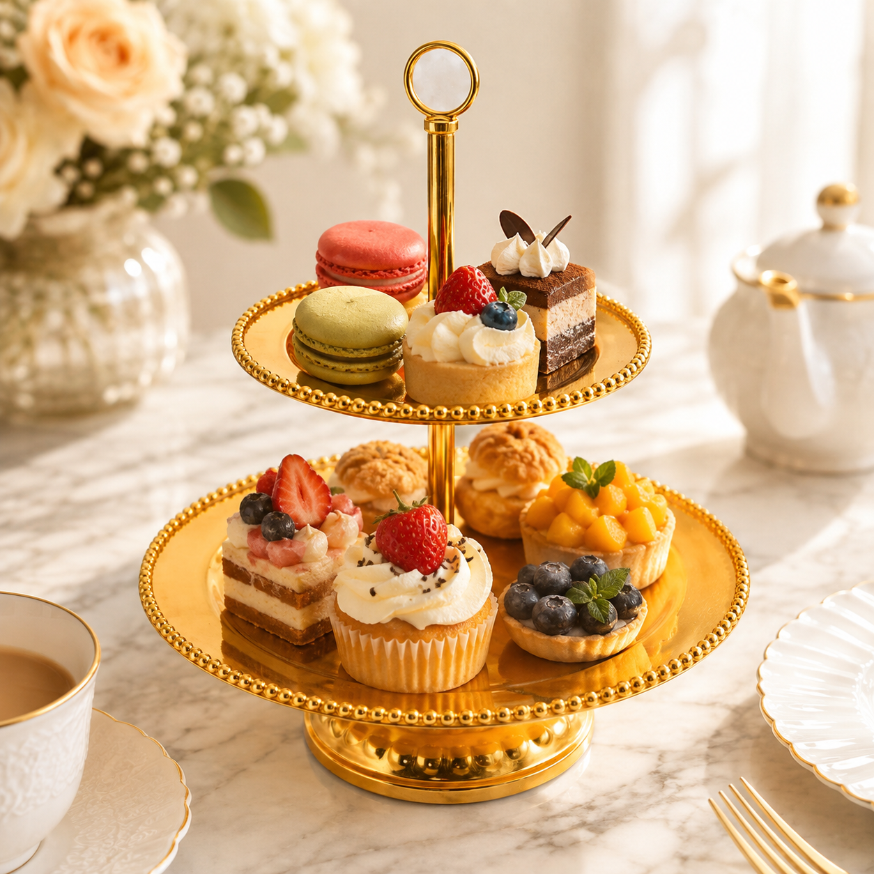 Fancy 2-Tier Metal Pastry Stand. Available in 2 colors: golden and silver