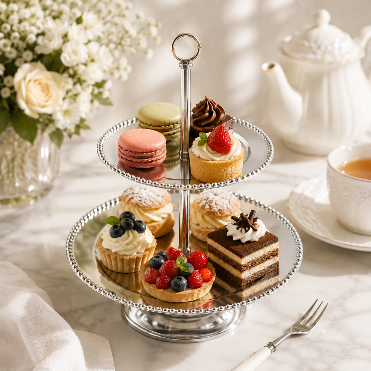 Fancy 2-Tier Metal Pastry Stand. Available in 2 colors: golden and silver