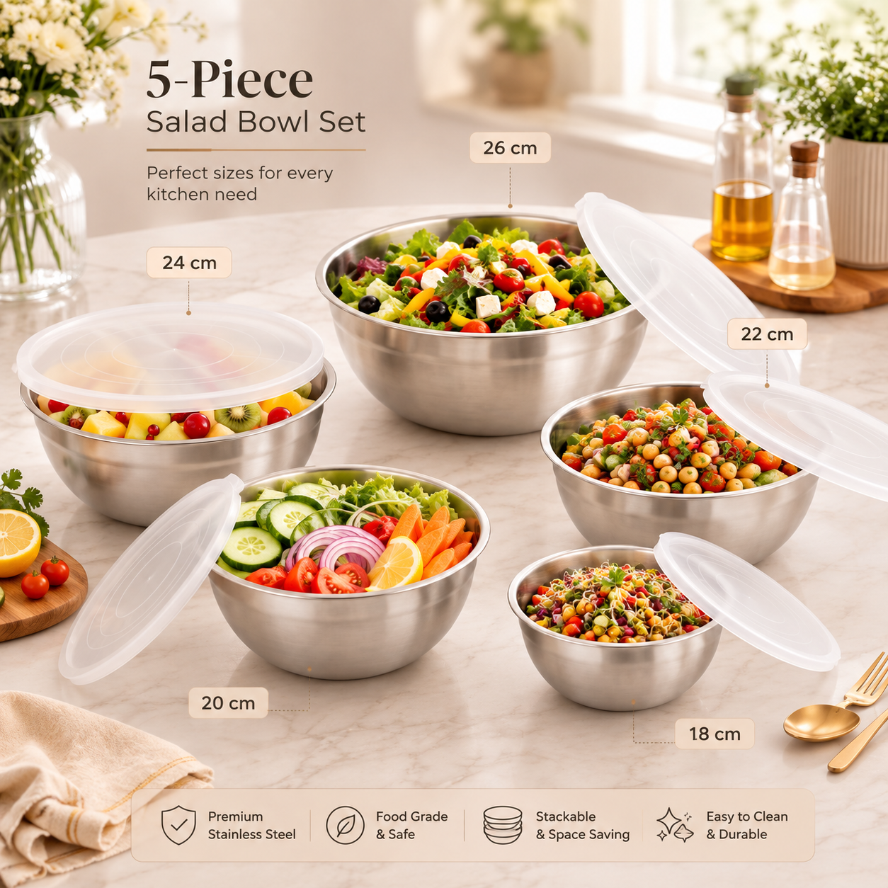 Gourmet 5-Piece Stainless Steel Food Container Set