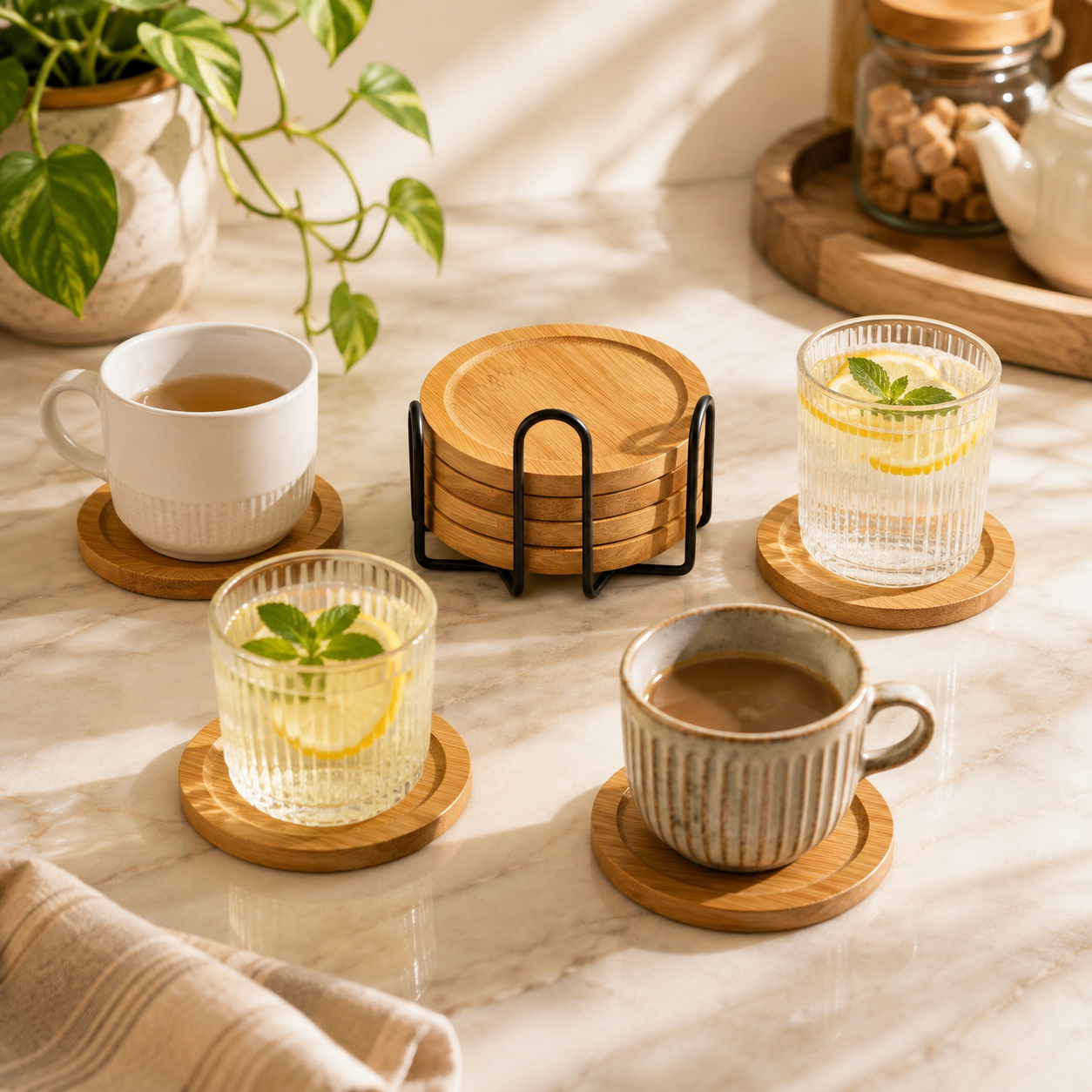 Violet 6-Piece Wooden Round Coaster Set With Stand