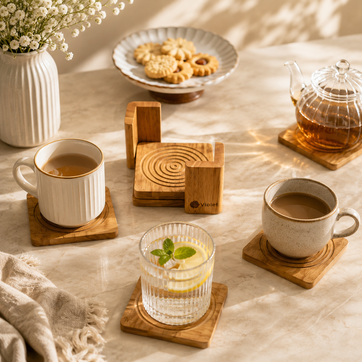 Violet 6-Piece Square Wooden Coasters With Wooden Stand