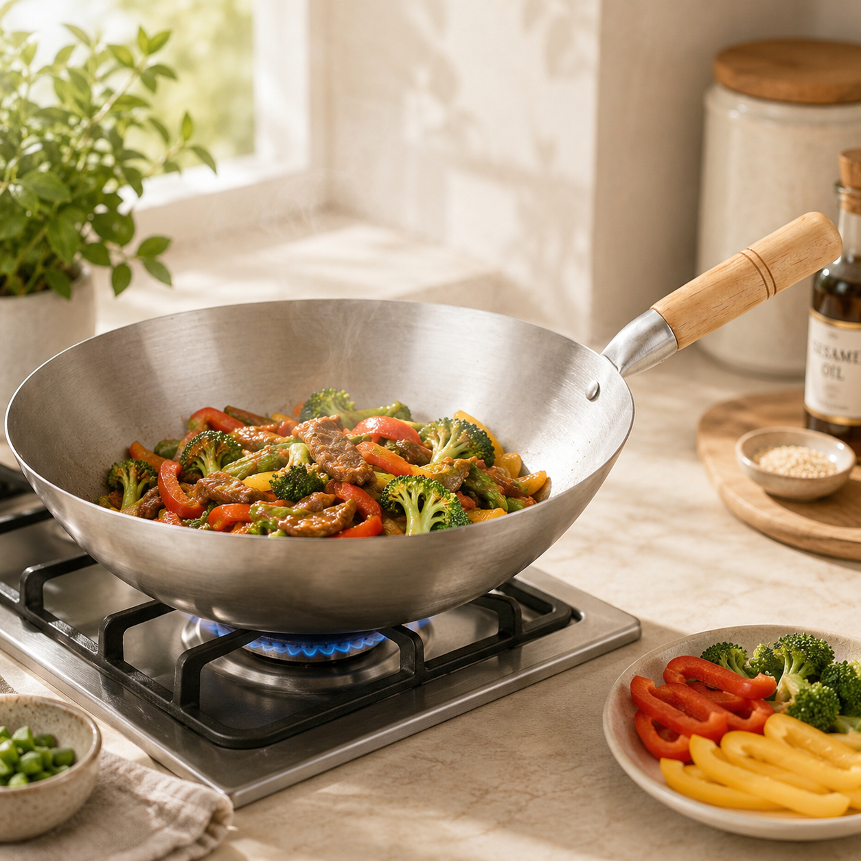 R/S Stainless Steel Chinese Style Wok With Wooden Handle