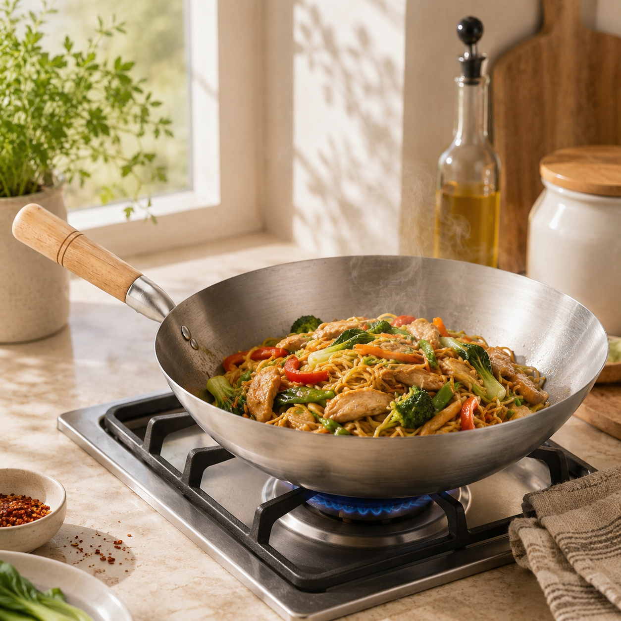 Chinese Style Iron Wok with Wooden Handle | 15 & 16 Inch