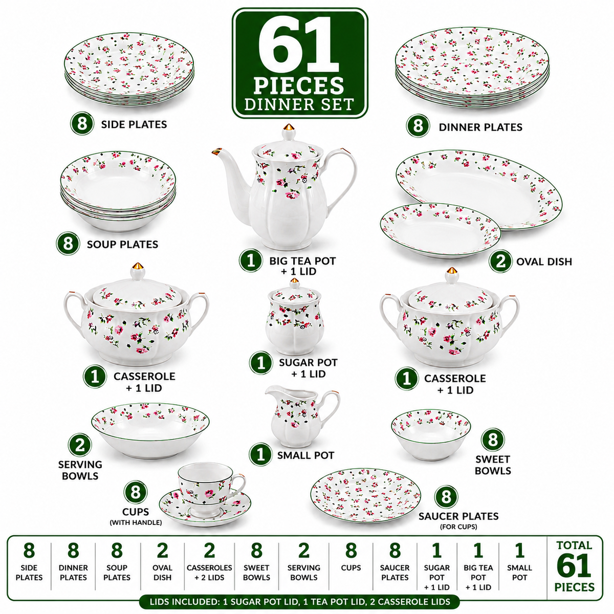 Royal 61-Pieces 8-Serving Bonne China Dinner Sets NG-Series
