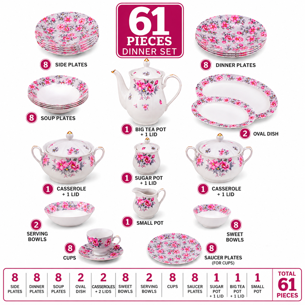 Royal 61-Pieces 8-Serving Bonne China Dinner Sets NG-Series