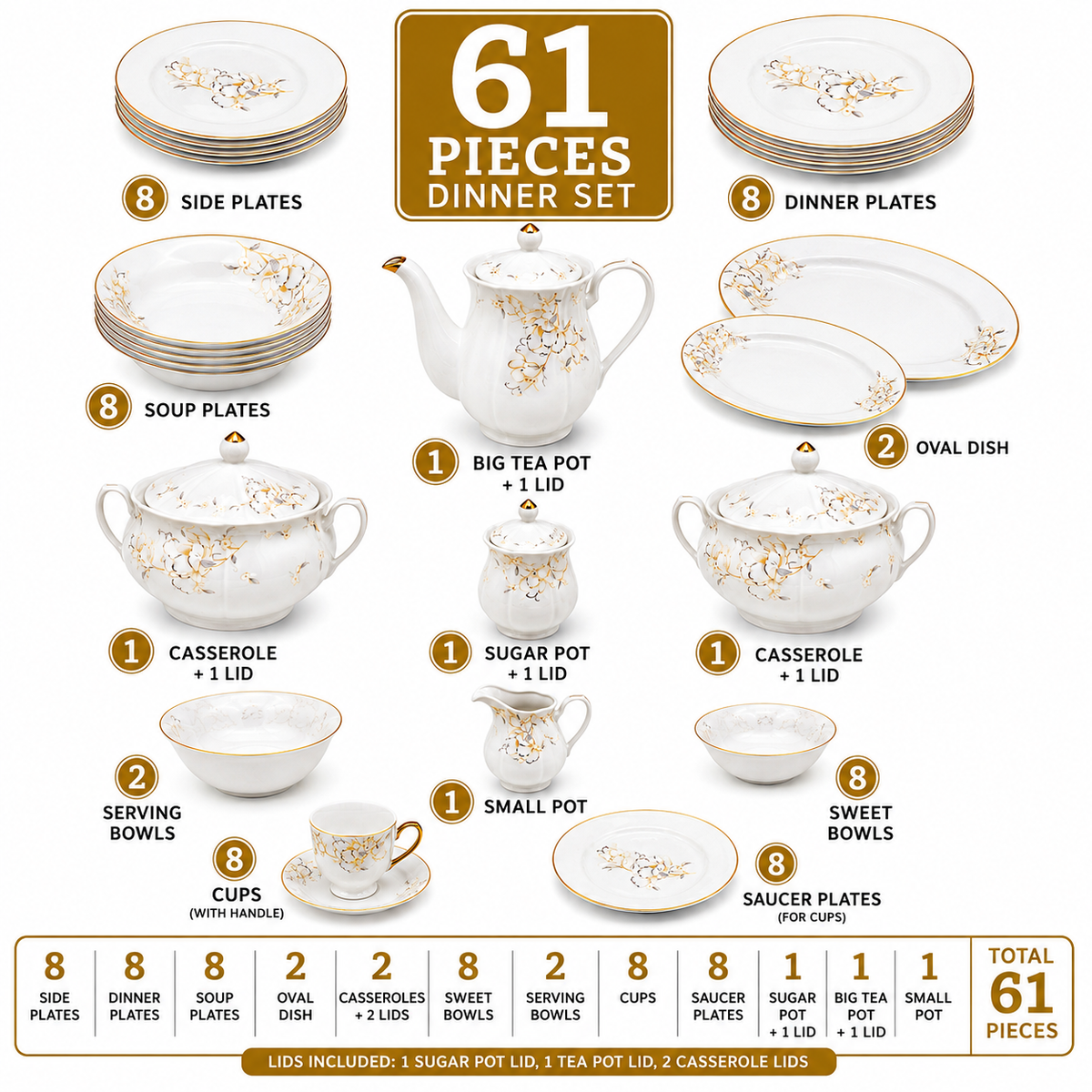 Royal 61-Pieces 8-Serving Bonne China Dinner Sets NG-Series