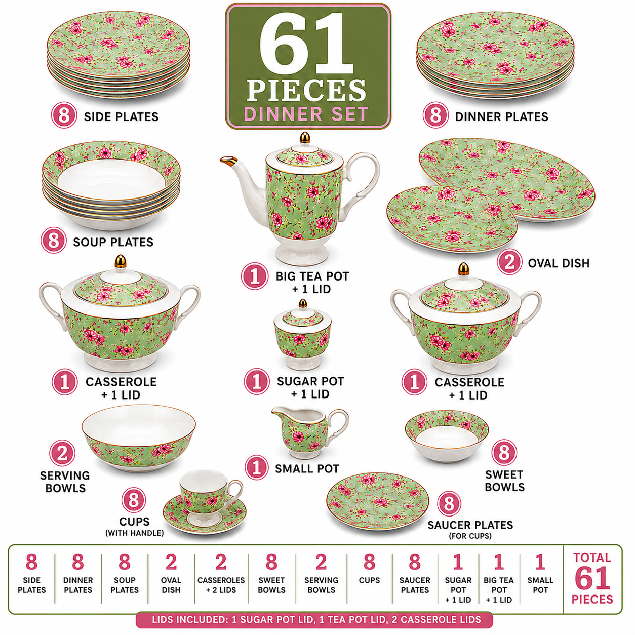 Royal 61-Pieces 8-Serving Bonne China Dinner Sets FY-Series