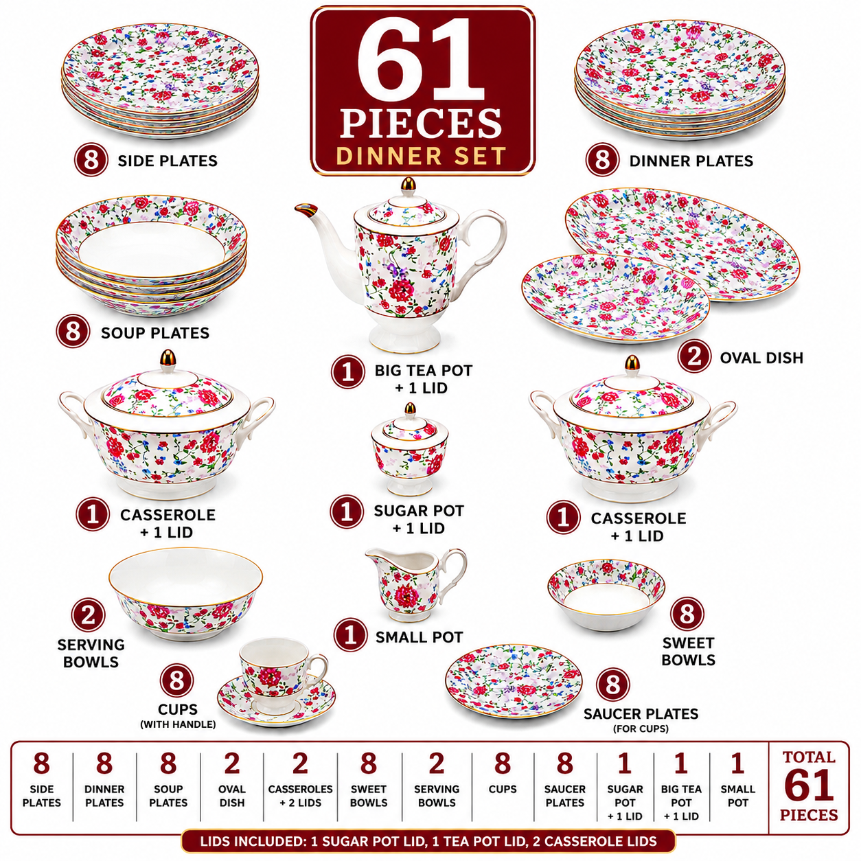 Royal 61-Pieces 8-Serving Bonne China Dinner Sets FY-Series