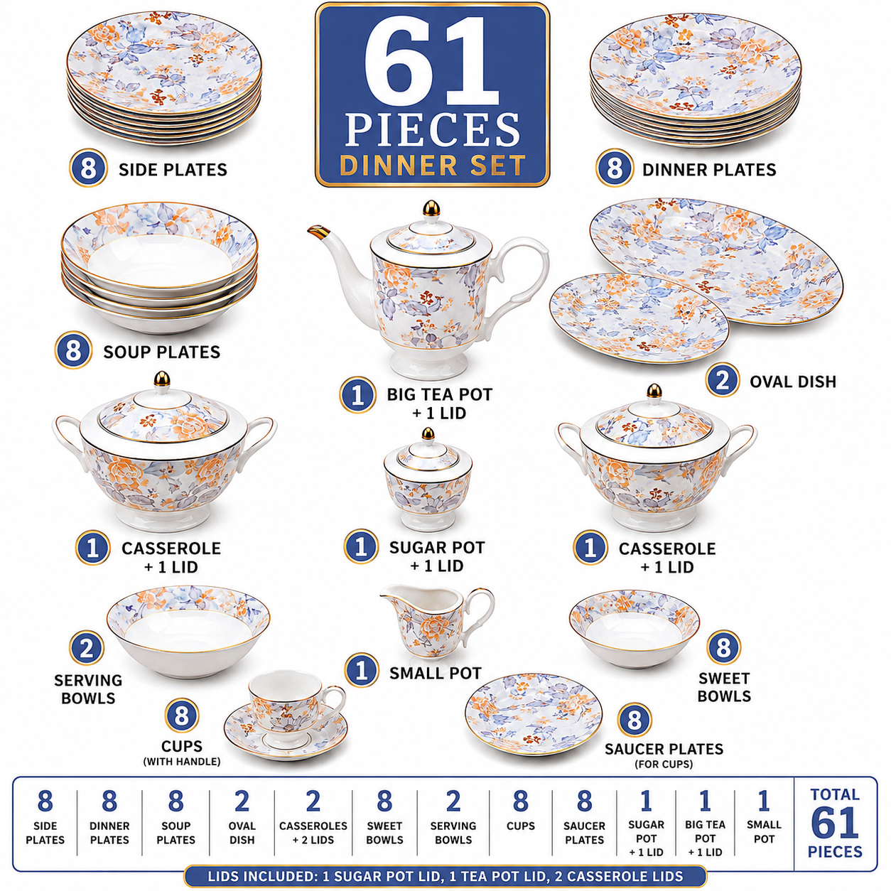 Royal 61-Pieces 8-Serving Bonne China Dinner Sets FY-Series