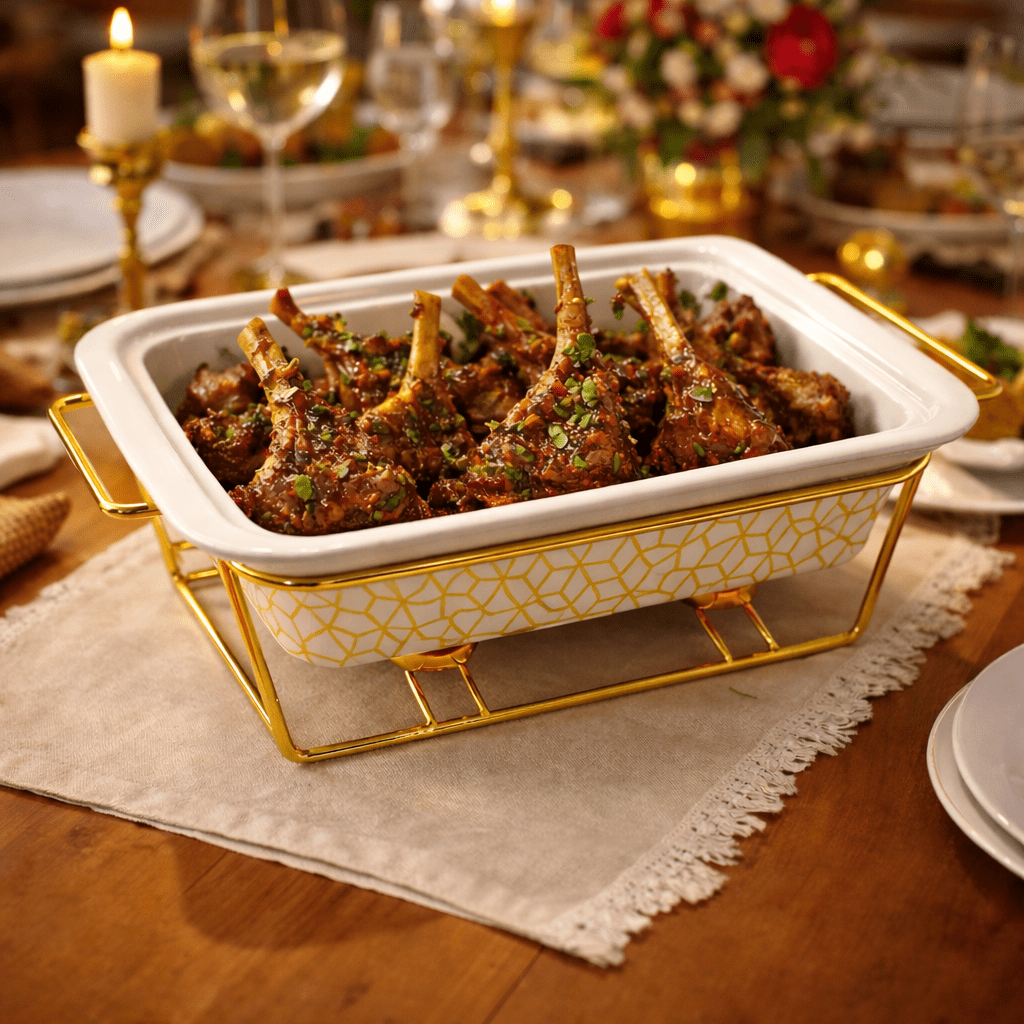 S/W Food Warmer 3-Piece Set White With Golden Stand