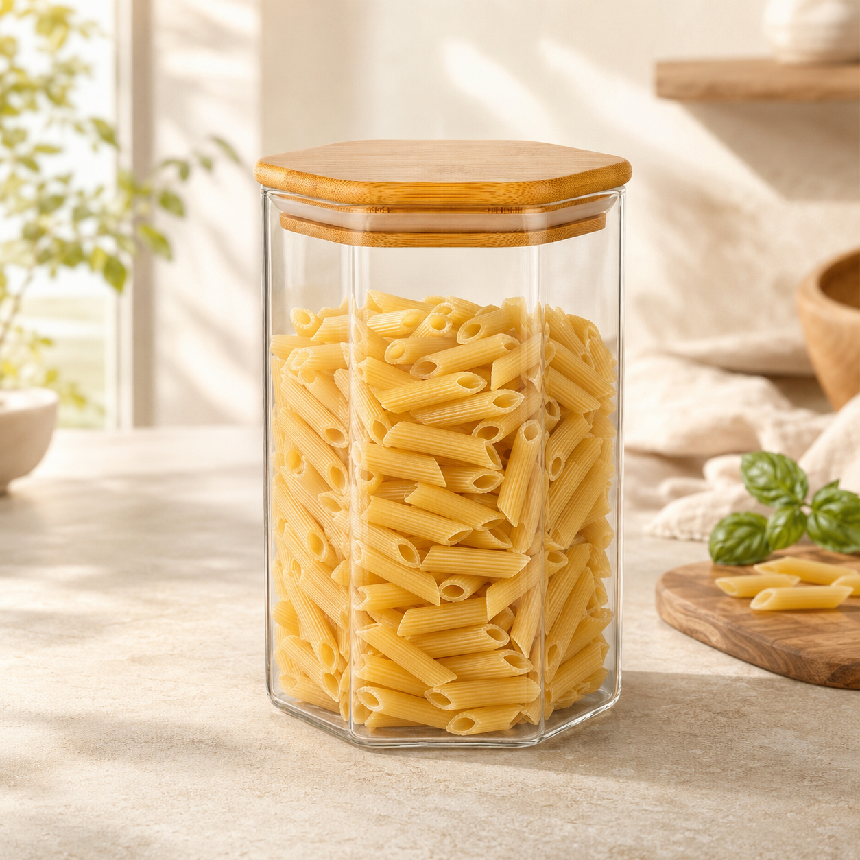 S.G Hexagonal Glass Jars With Wooden Lids