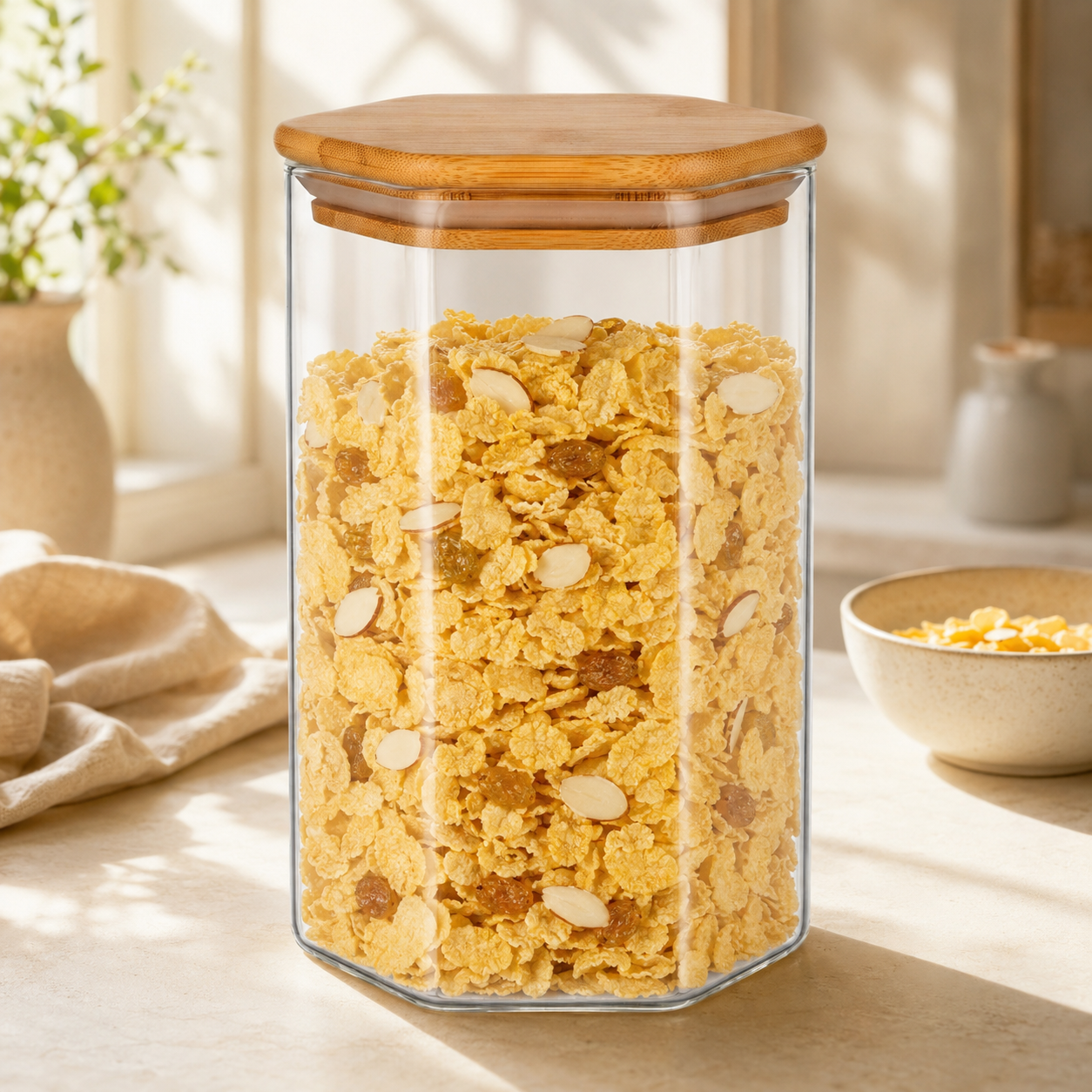 S.G Hexagonal Glass Jars With Wooden Lids