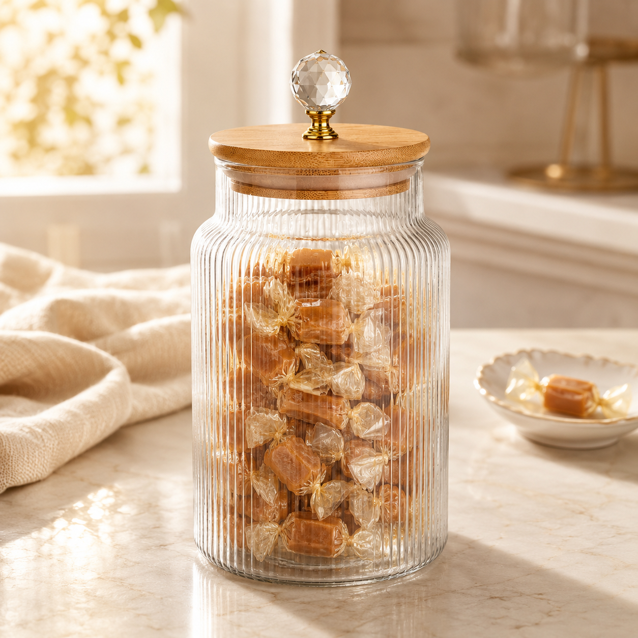 S.G Vertical Ribbed Diamond Head Glass Jar With Wooden Lid