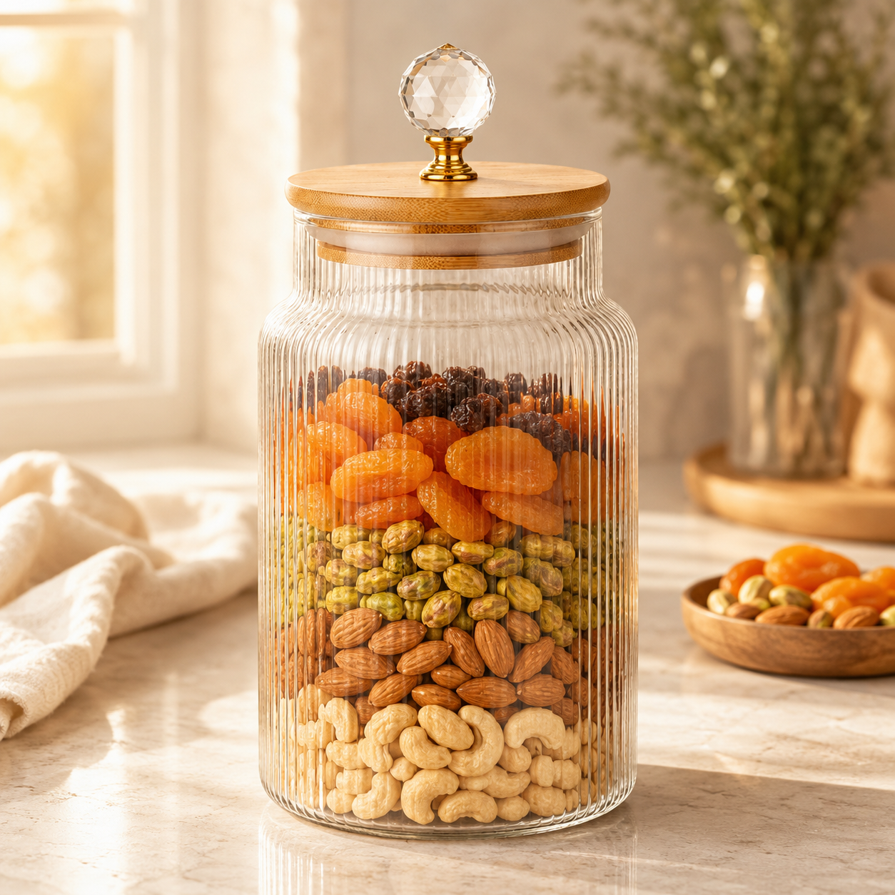 S.G Vertical Ribbed Diamond Head Glass Jar With Wooden Lid