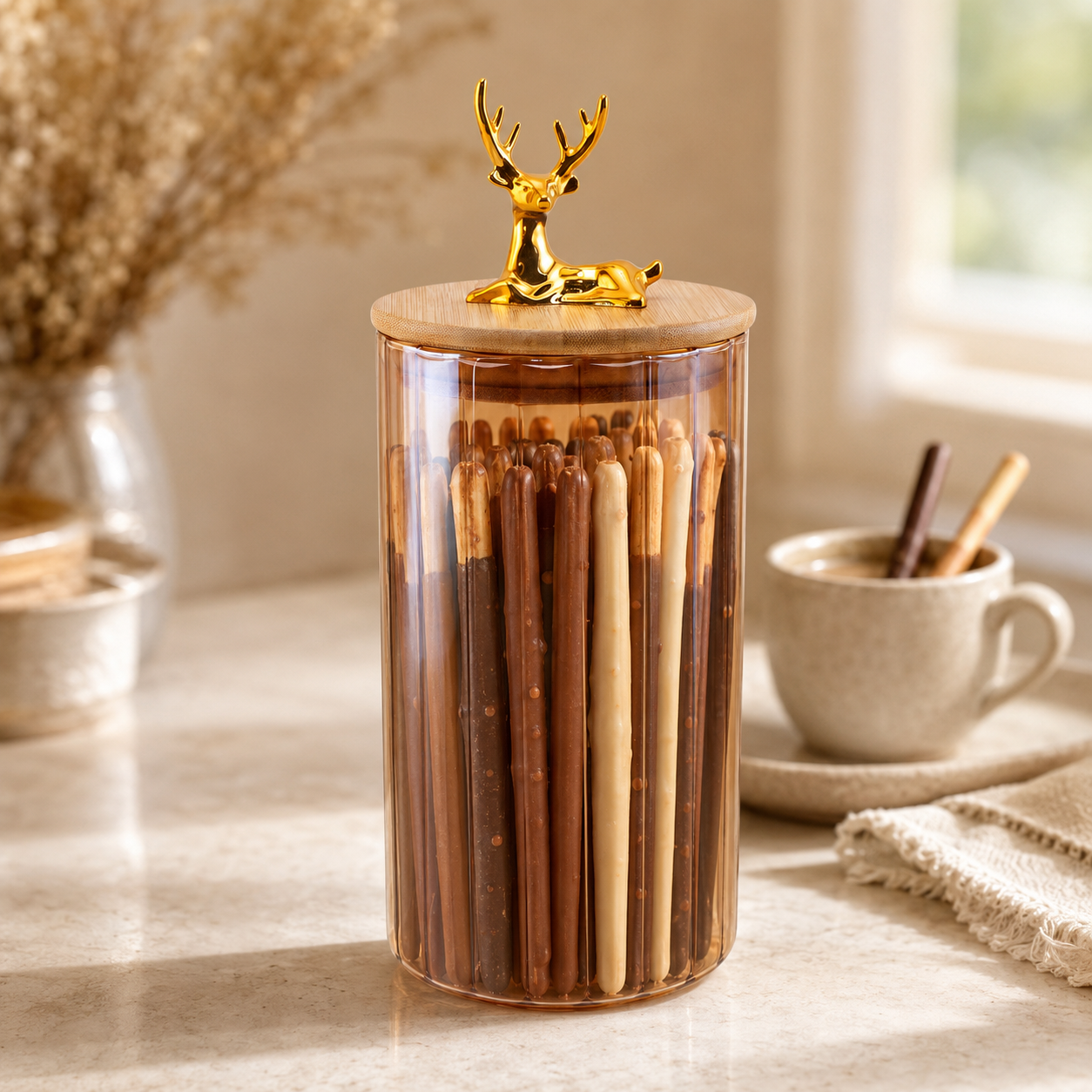 S.G Amber Ribbed Wooden Lid AND Gold Deer Ornament on Lid Glass Jar