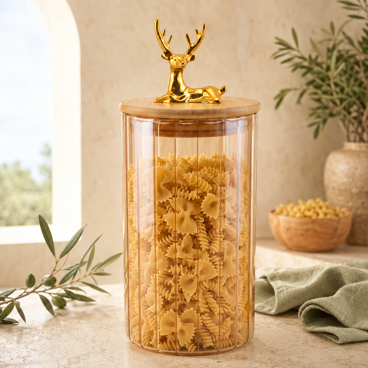 S.G Amber Ribbed Wooden Lid AND Gold Deer Ornament on Lid Glass Jar