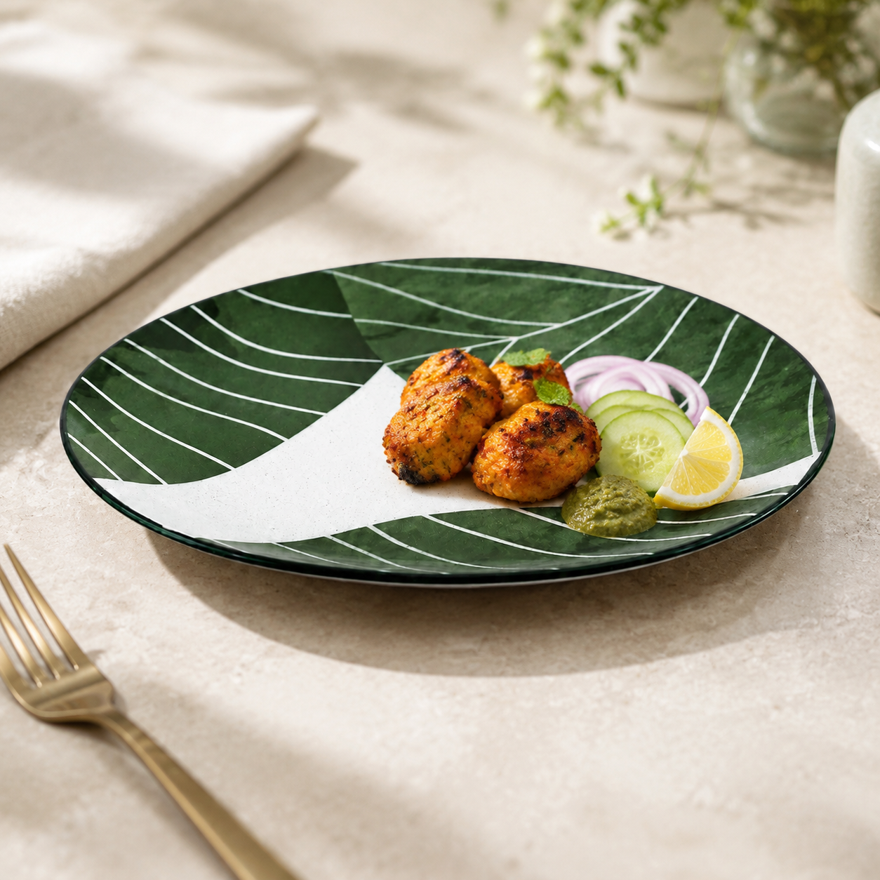 Gupan 7-Inches Leaf Design Matte Green Marble Quarter Plate