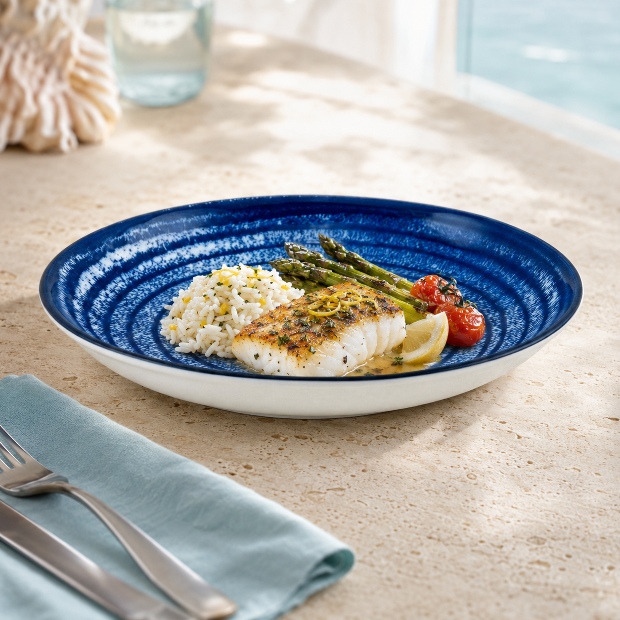 Gupan 10-Inches Shallow Blue Marble Flat Dinner Plate