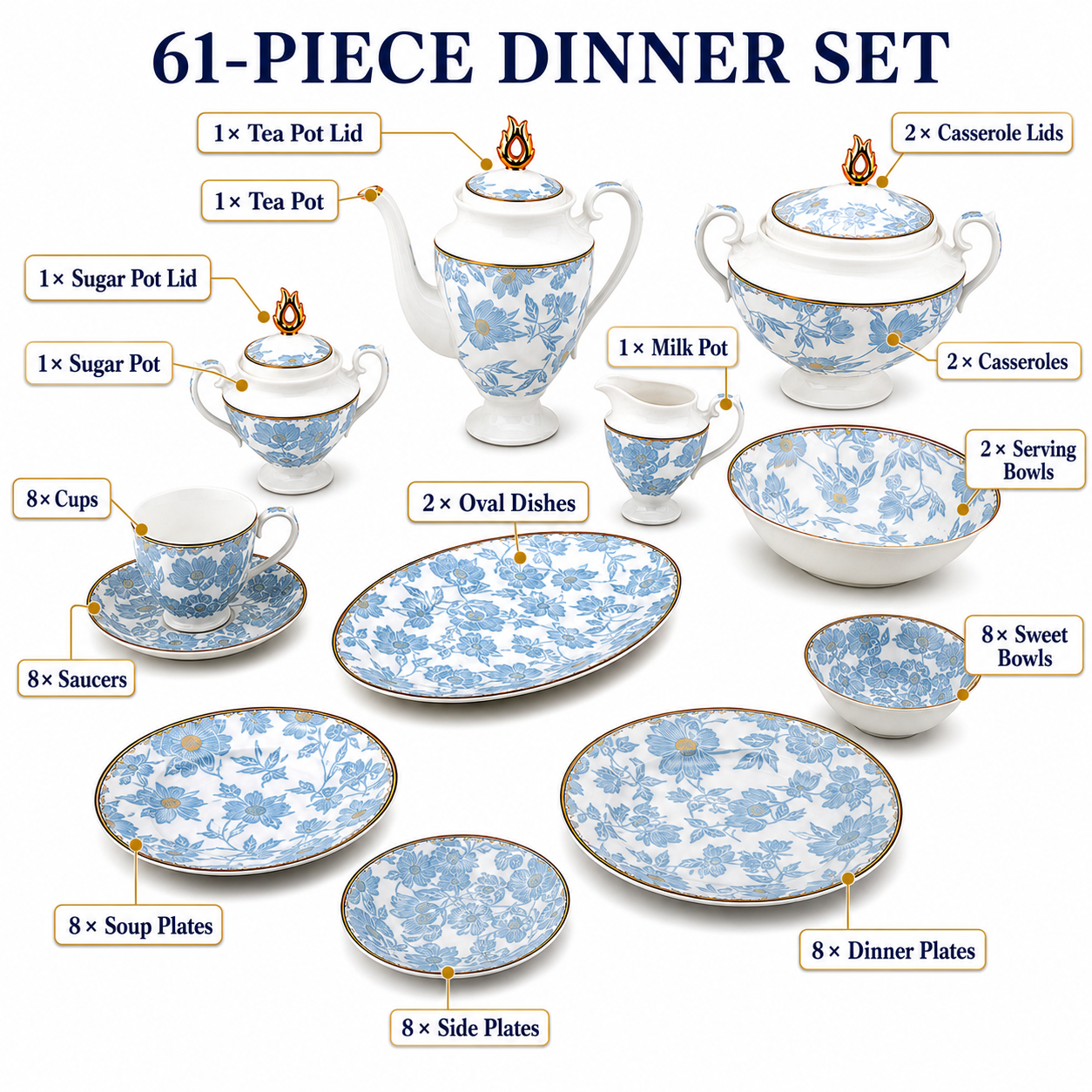 Royal 61-Pieces 8-Serving Bonne China Dinner Sets FY-Series