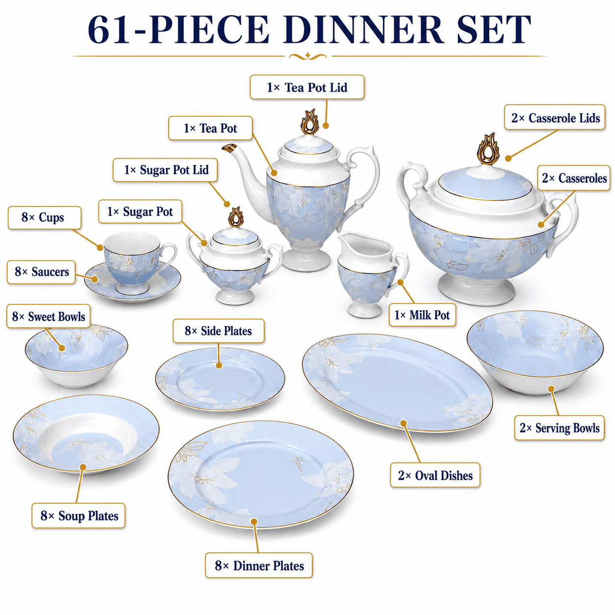 Royal 61-Pieces 8-Serving Bonne China Dinner Sets FY-Series Kaka Bawa Sons