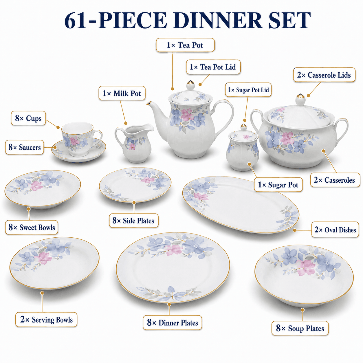 Royal 61-Pieces 8-Serving Bonne China Dinner Sets NG-Series Kaka Bawa Sons