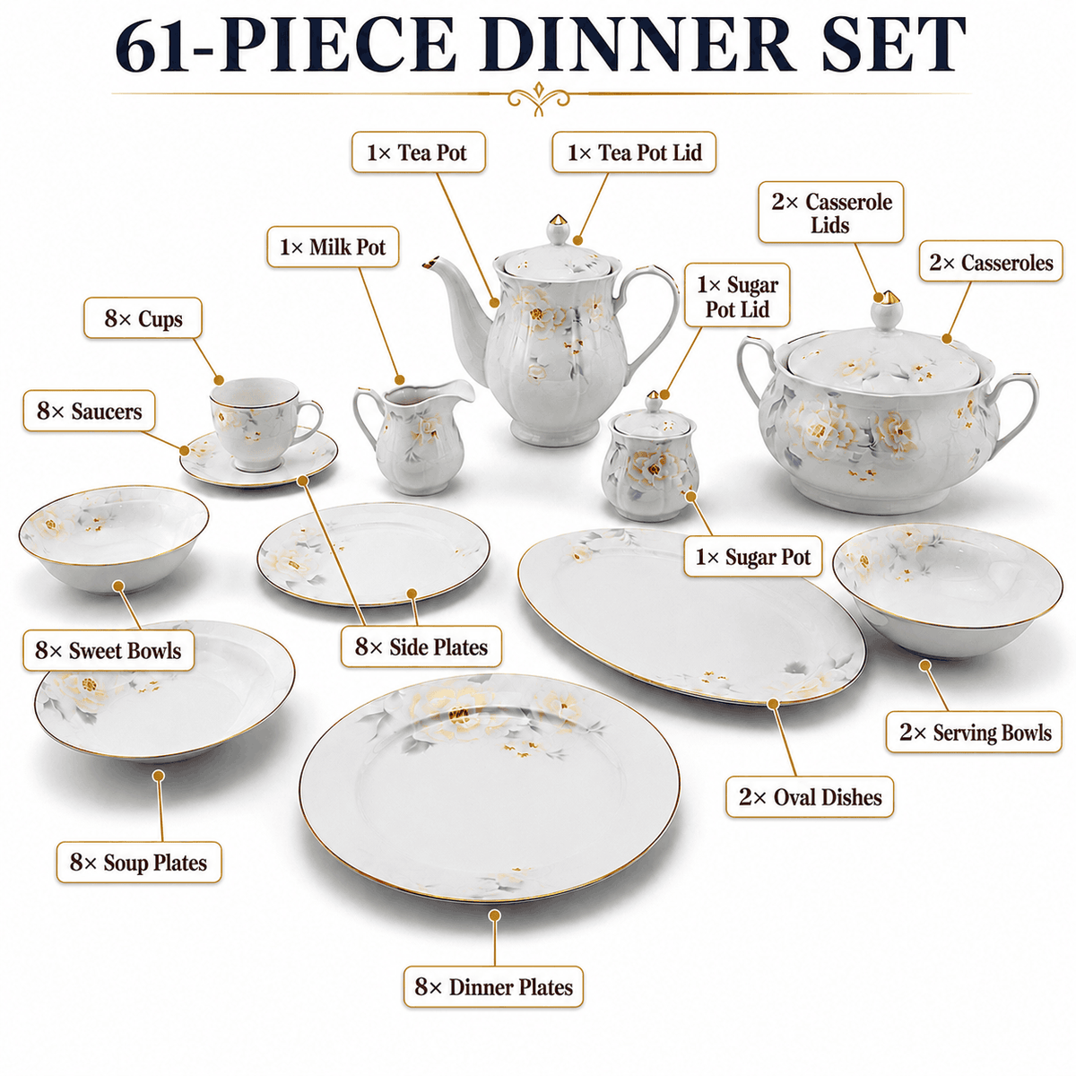 Royal 61-Pieces 8-Serving Bonne China Dinner Sets NG-Series Kaka Bawa Sons