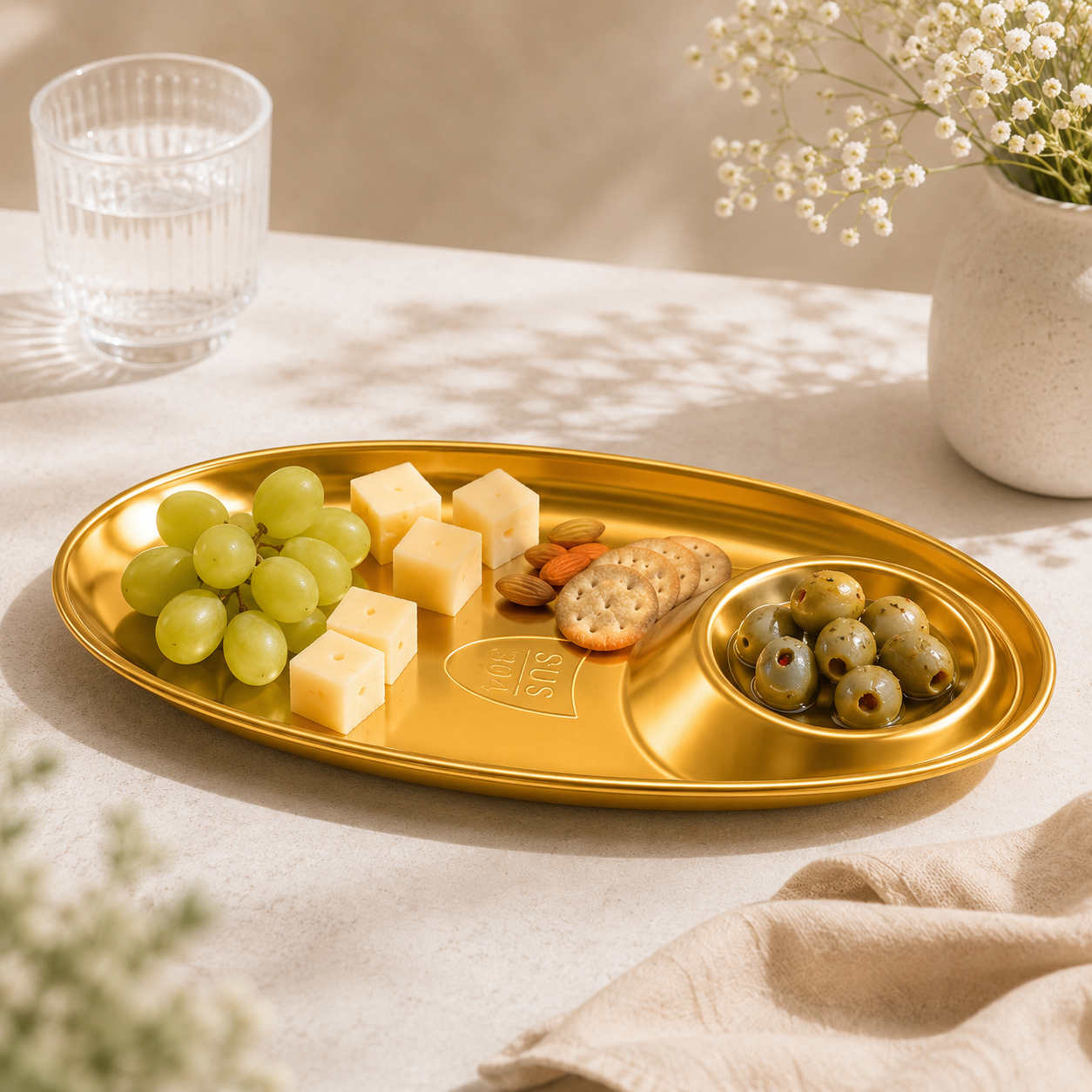 T.D.L 27.5*13.5*2.3 Cm 2-Portion Stainless Steel With Electric Golden Coating Snack Plate