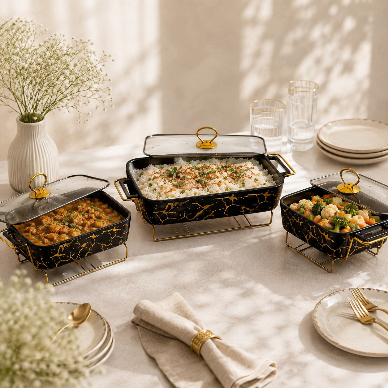 S/W Ceramic Rectangular Food Warmer Sets With Glass Lids AND Golden Metallic Stands