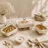 S/W Ceramic Rectangular Food Warmer Sets With Glass Lids AND Golden Metallic Stands