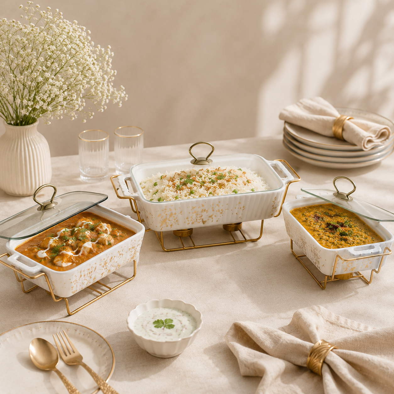 S/W Ceramic Rectangular Food Warmer Sets With Glass Lids AND Golden Metallic Stands