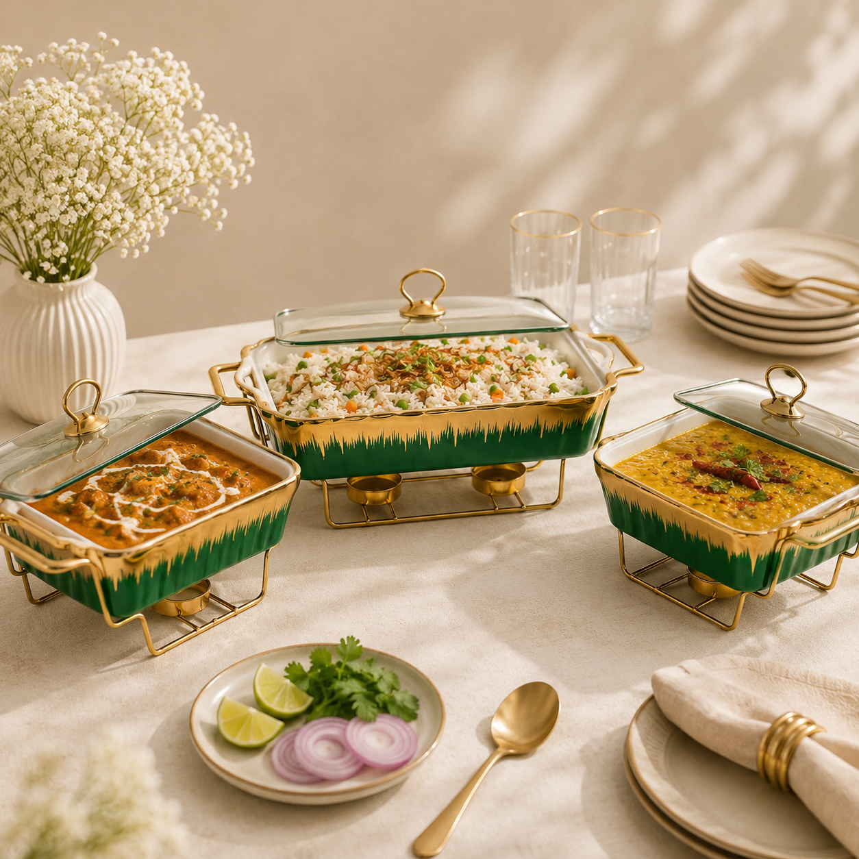 S/W Ceramic Rectangular Food Warmer Sets With Glass Lids AND Golden Metallic Stands