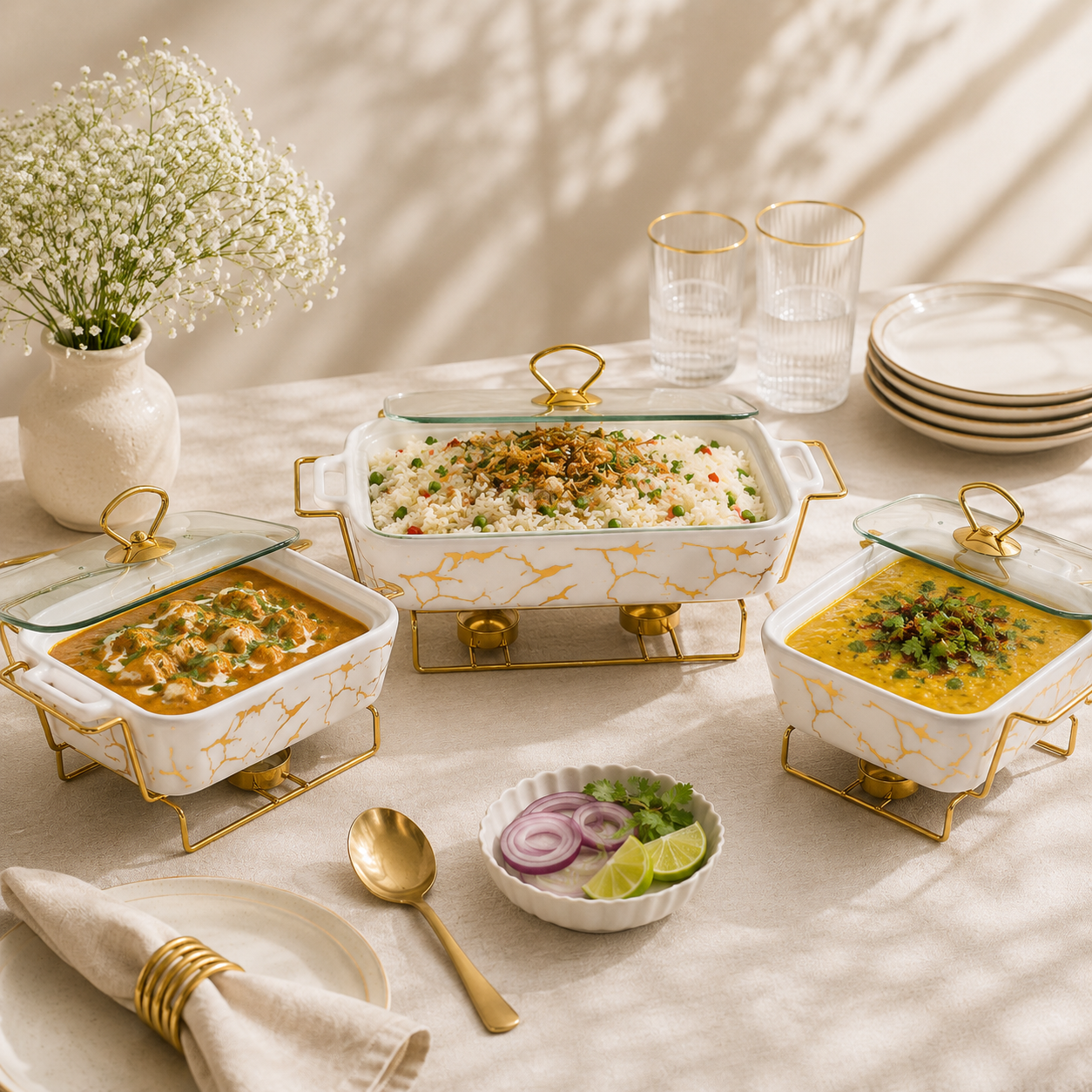 S/W Ceramic Rectangular Food Warmer Sets With Glass Lids AND Golden Metallic Stands