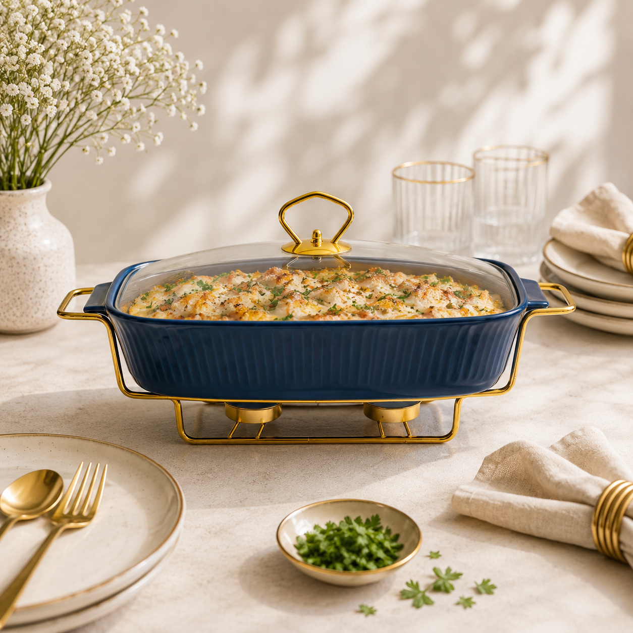 UK Parliament Rectangular Ceramic Food Warmers With Glass Lid AND Golden Metallic Stand