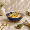 UK Parliament Ceramic Oval Food Warmers With Glass Lid AND Golden Metallic Stand