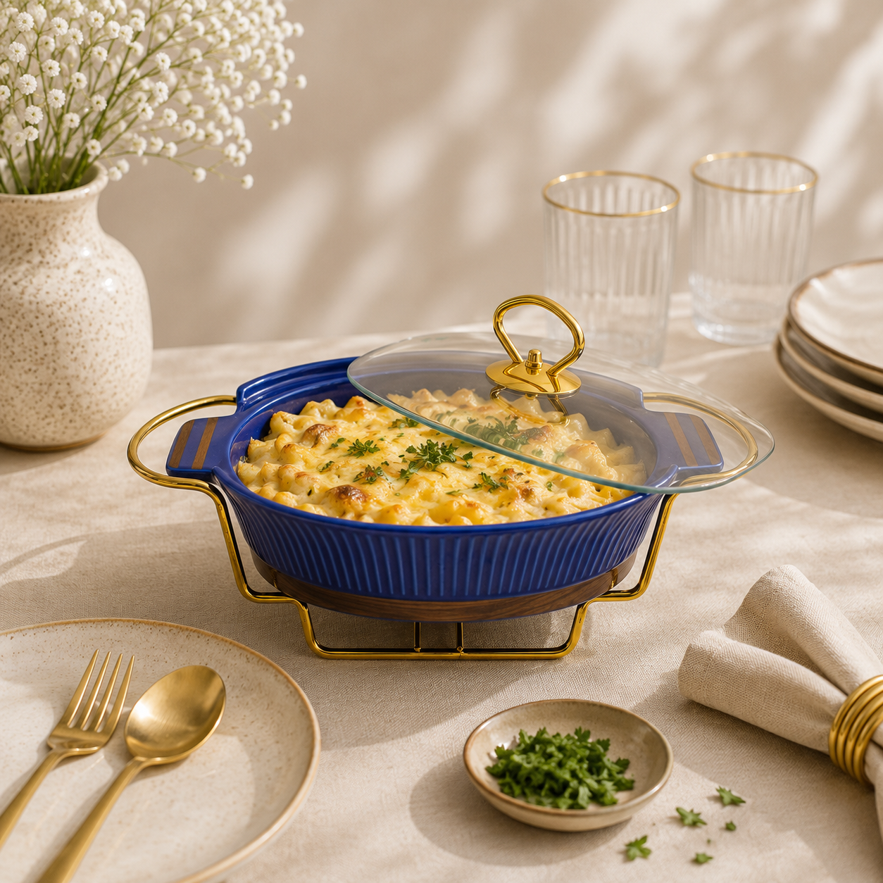 UK Parliament Ceramic Oval Food Warmers With Glass Lid AND Golden Metallic Stand