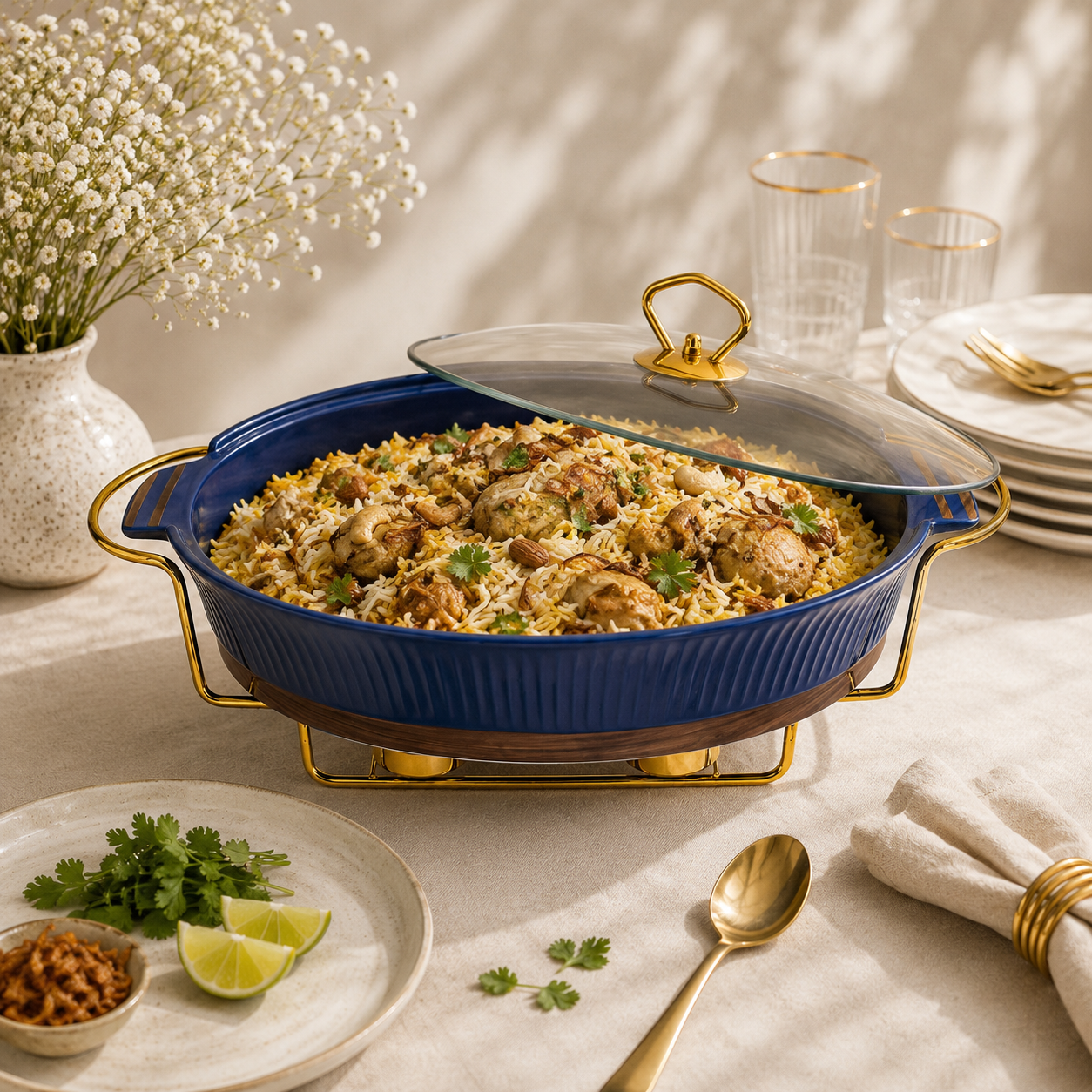 UK Parliament Ceramic Oval Food Warmers With Glass Lid AND Golden Metallic Stand